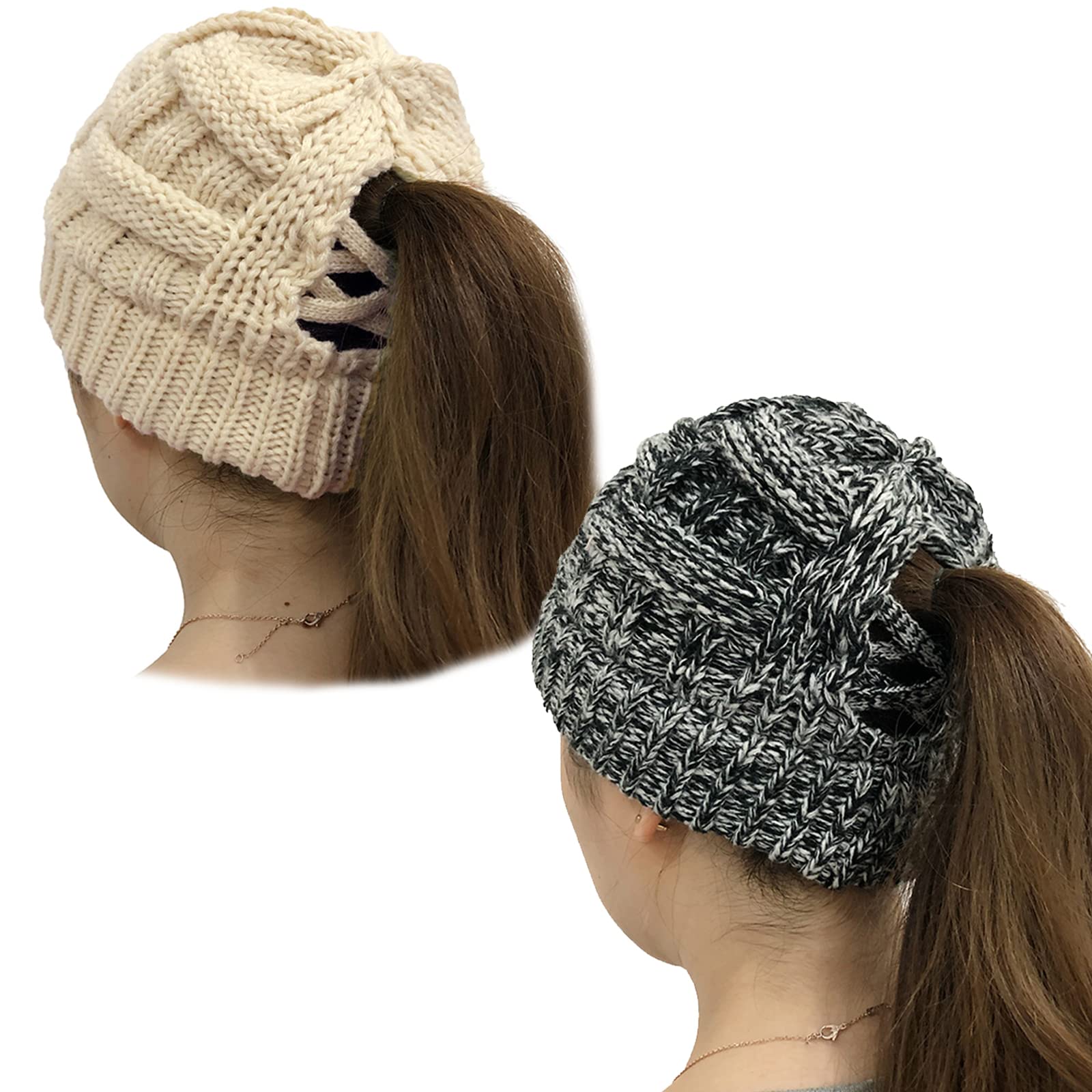 Pack Ponytail Hats for Women Criss Cross Winter High Messy Bun