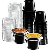 {1 oz - 100 Sets} Black Diposable Plastic Portion Cups With Lids, Small Mini Containers For Portion Controll, Jello Shots, Meal Prep, Sauce Cups, Slime, Condiments, Medicine, Dressings, Crafts, Disposable Souffle Cups & Much more