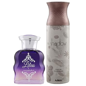 Maryaj Lilas Eau De Parfum Citrus Floral Perfume 100ml for Women and Ajmal Shadow Homme Deodorant Citrus Woody Fragrance 200ml for Men + 2 Parfum Testers FREE