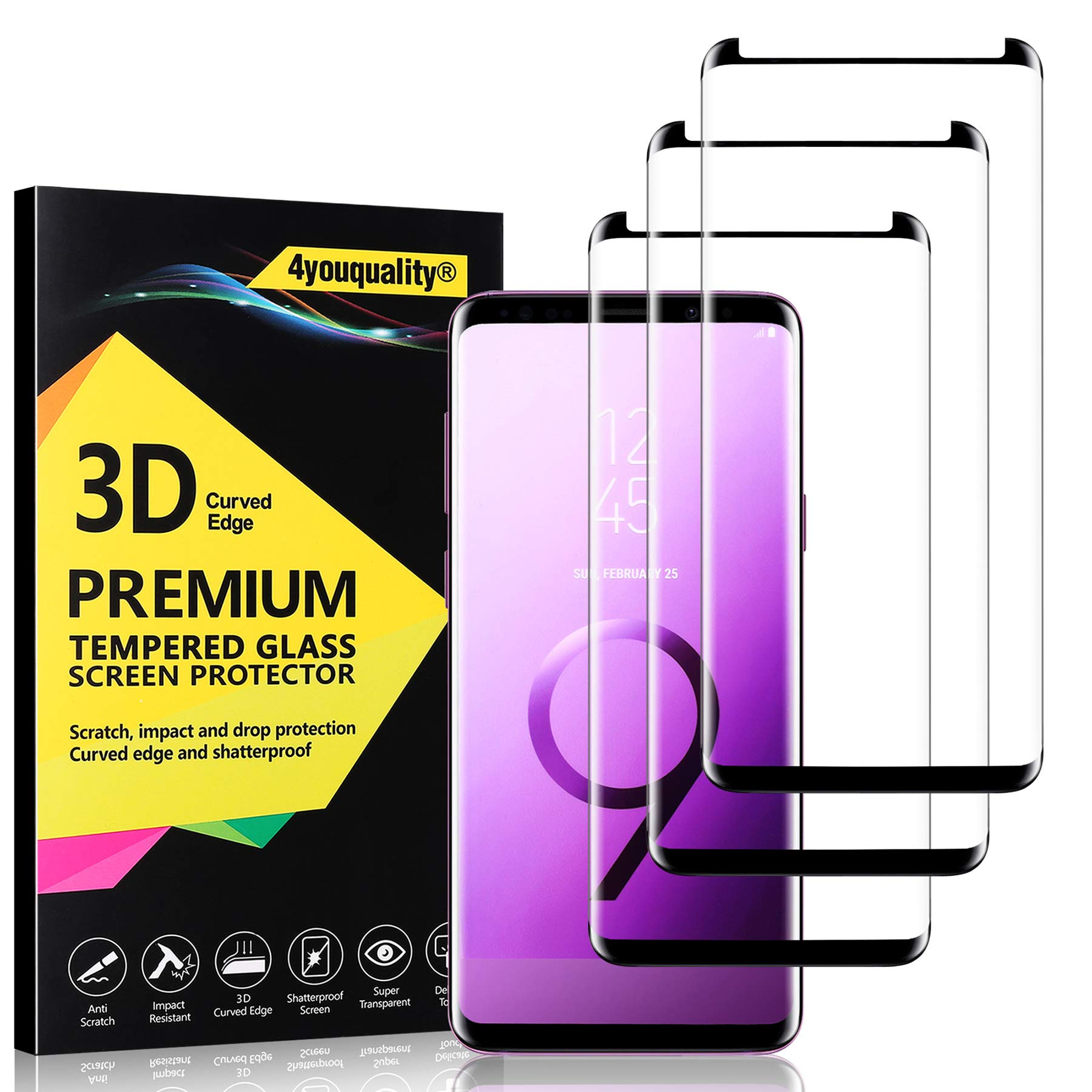 4youquality [3-Pack Samsung Galaxy S9 Screen Protector, Tempered Glass Film [LifetimeSupport][Full Coverage][Scratch-Resistant] Screen Protector for Samsung Galaxy S9