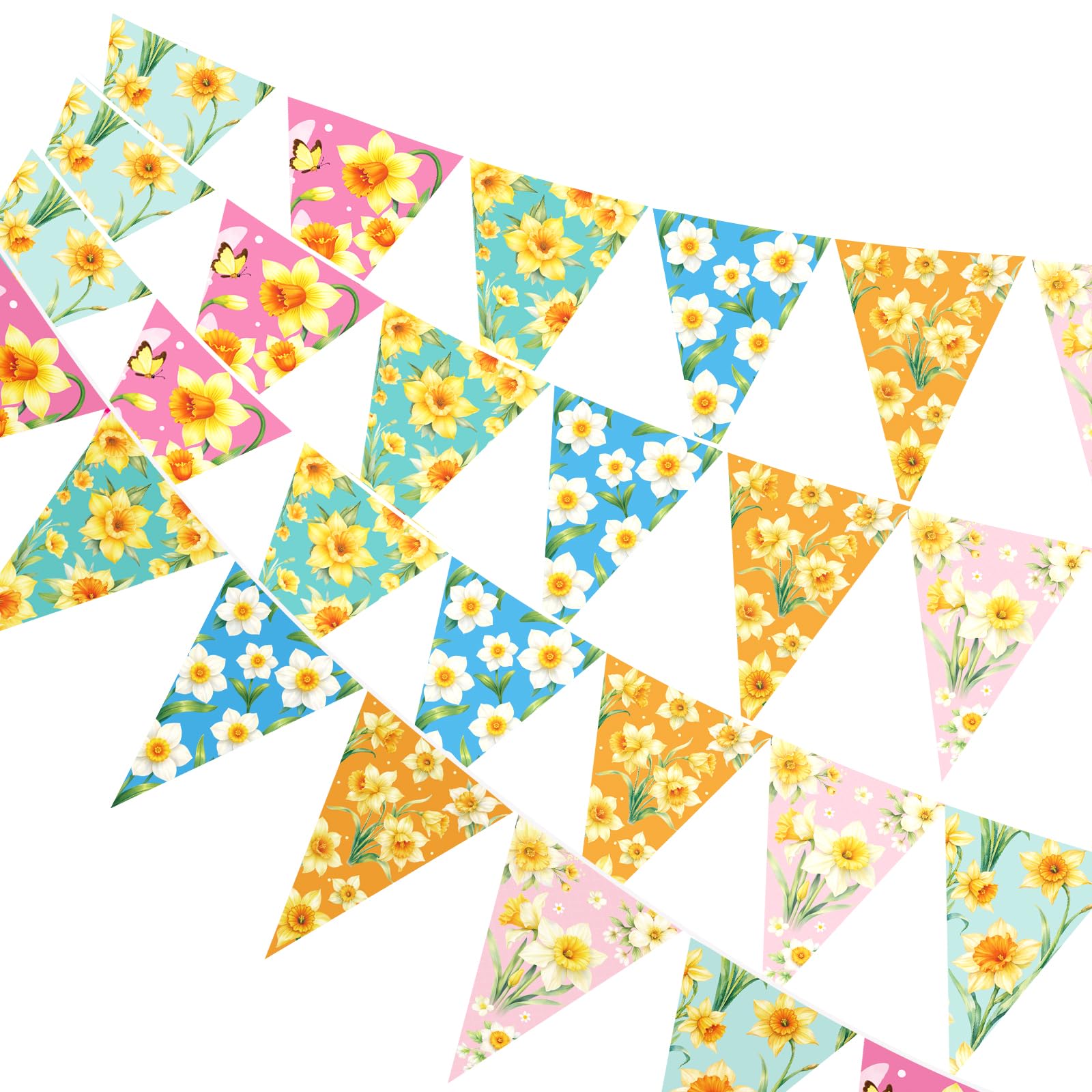 G2PLUS Double-sided Daffodil Theme Bunting: 24PCS Paper Garland Banner with Daffodil Printed, 6m for St David's Day, Anniversary, Birthday Party, Bridal Shower, Baby Shower, Tea-party Decoration