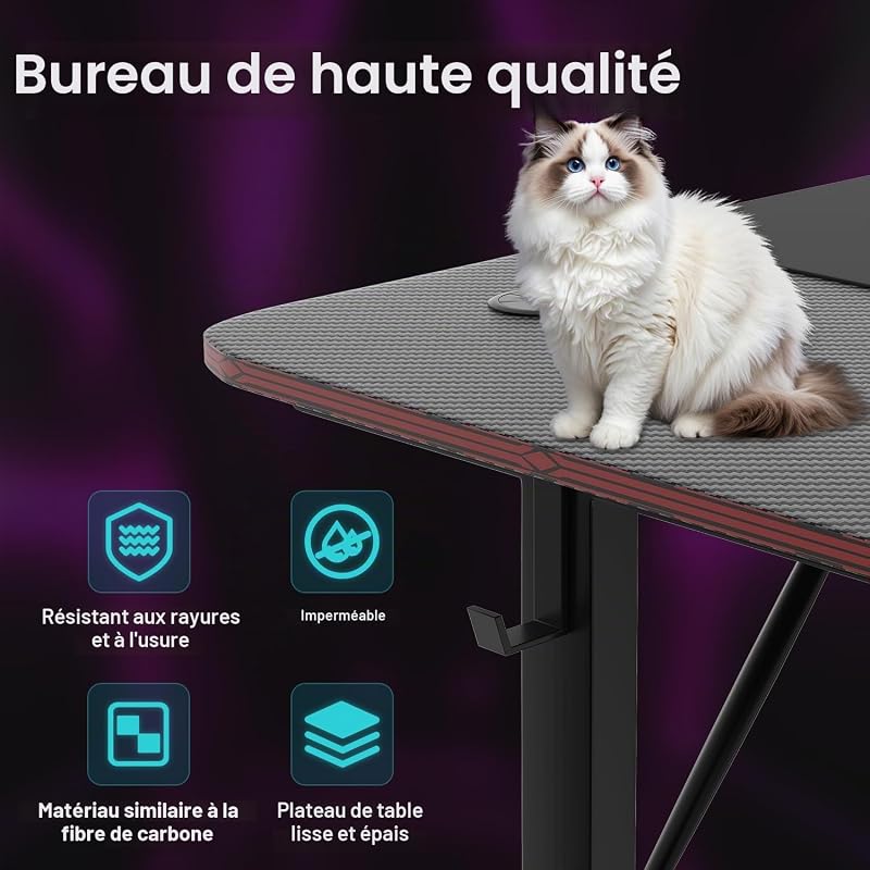 Bureau Gaming 180x60cm, Porte-Gobelet & Casque, Ergonomique, Noir — photo 6 sur 7
