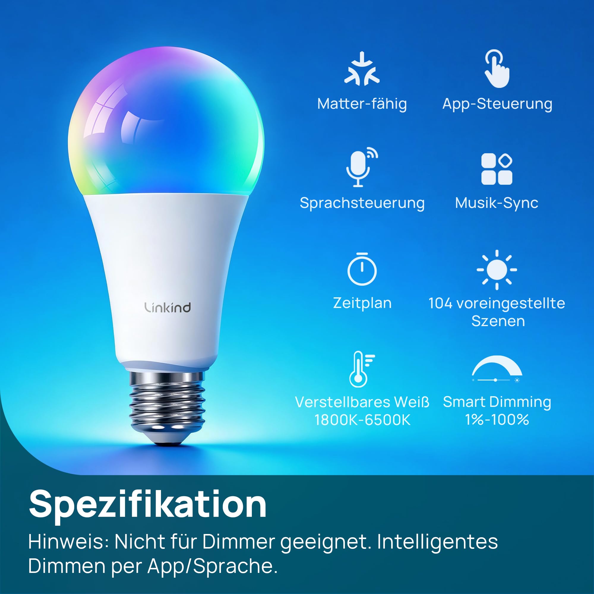 Linkind Matter E27 Smart LED Lampe 1600lm 14W, RGBTW & Weiß (1800-6500K), ersetzt 100W, 104 Szenen, 2,4GHz, kompatibel mit HomeKit/Alexa/Google/Siri/SmartThings, A67, 2er-Pack 2