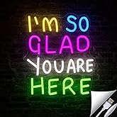 I'm So Glad You Are Here Neon Sign Rainbow Words Dimmable Neon Light for Wall Decor Welcome LED Signs for Classroom USB Powered Colorful Light Up Sign School wedding Kid Room Party Business Wall Art