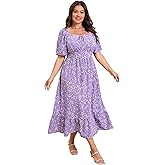 ShopWonder Womens Plus Size Square Neck Floral Print Summer Dress Ruffle Short Sleeve Tie Front Slit Hem Boho Maxi Dress