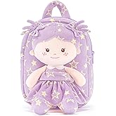 Onetoo Toddler Backpacks Back to School Gifts for Girls Kids Backpack with Soft Tanned Baby Dolls in Purple Star Dress 9"