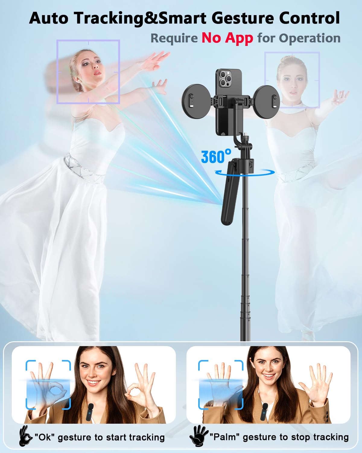Vlogging Kit for iPhone/Android, 63”Auto Face Tracking Tripod for iPhone with Light, Wireless Microphones, Scrolling Remote Control for TikTok, Content Creator Kit for YouTube Starter