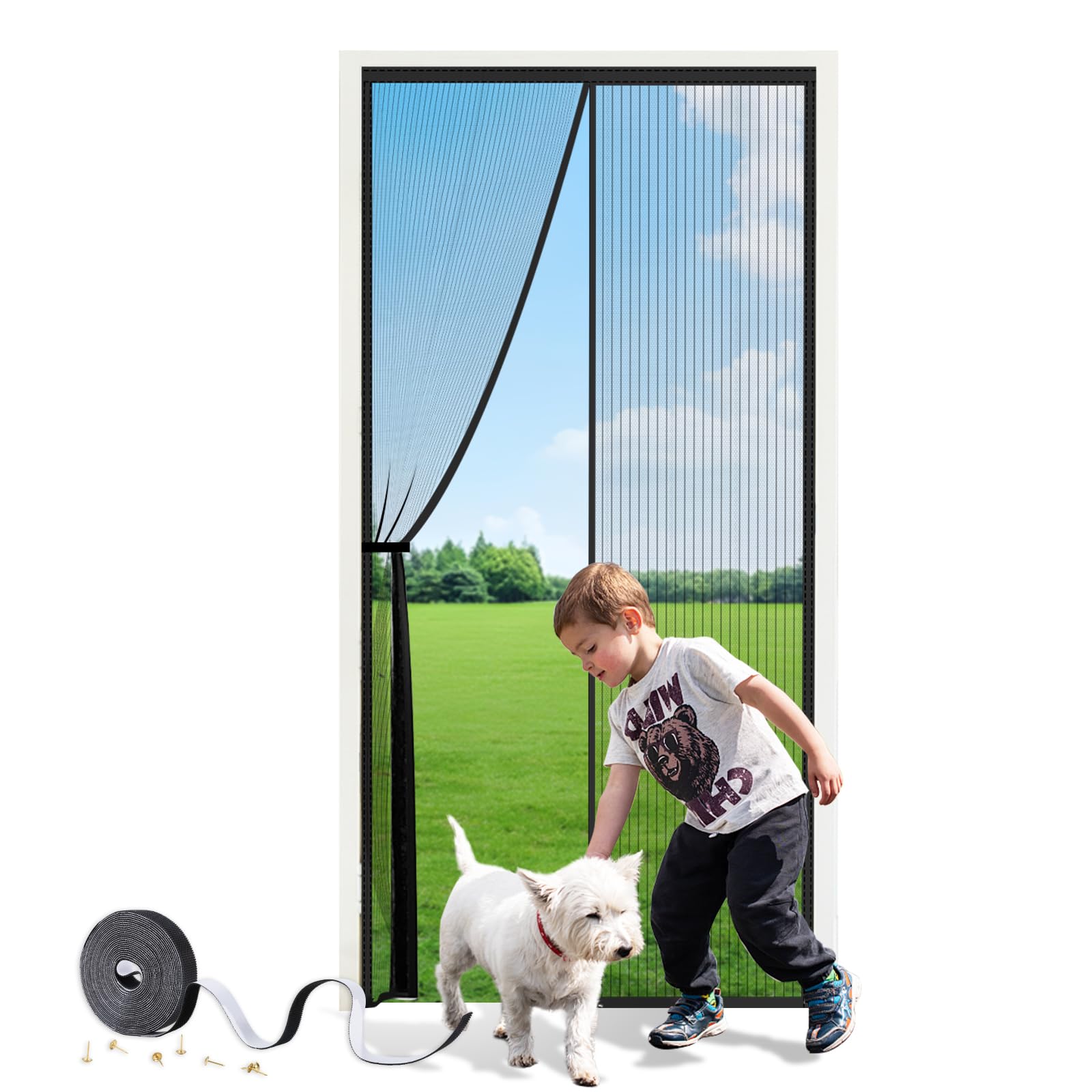 SMALUCK Magnetic Door Screen, Heavy Duty Fly Screen Mesh with Powerful Magnets, Durable Mesh Curtains Keeps Bugs Out, Frame Hook & Loop, Kid and Pet Friendly, 90 x 210 cm, Black