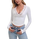 Syhzlz Womens Long Sleeve V Neck T-Shirts, Sexy Lace Slim Fitted Crop Tops, Elastic Breathable Smooth Casual Tee