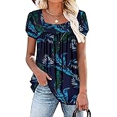 BETTE BOUTIK Womens Summer Tops Short Sleeve Pleated Square Neck Tunics Shirts Blouses S-3XL