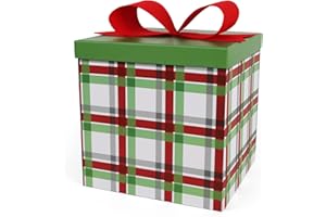 LaRibbons Large Christmas Gift Boxes with Lids,10x10x10 Inches Plaid Design Folding Square Gift Boxes for Christmas Decorative,Xmas,Present,Storage,Red and Green