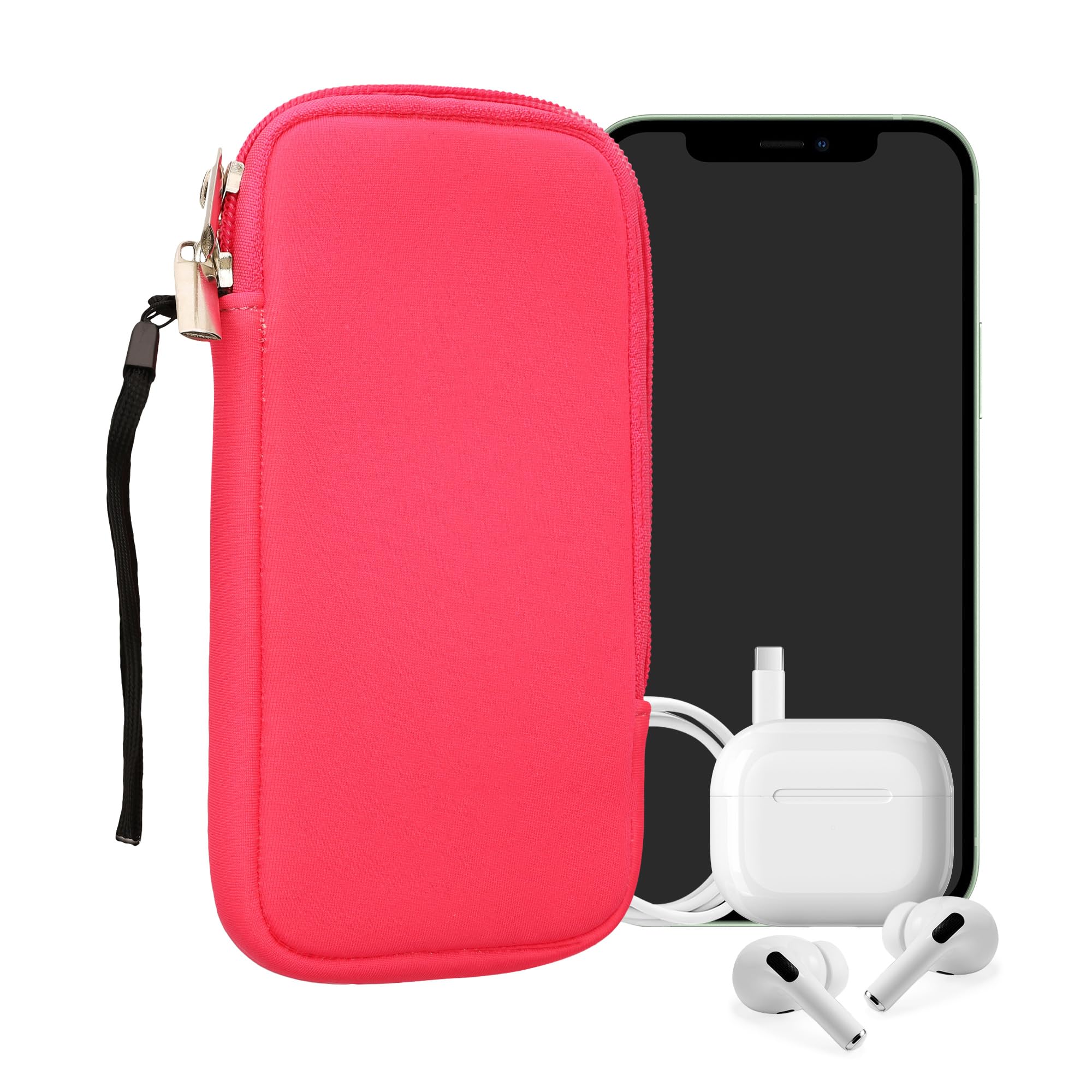kwmobile Neoprene Phone Pouch Size XXL - 7" - Universal Cell Sleeve Mobile Bag with Zipper, Wrist Strap - Neon Pink