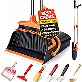 Broom and Dustpan Set with Long Handle and 6 Bonus Cleaning Tools, Upright Standing Combo with Self-Cleaning Teeth & Windproo