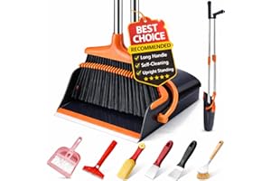 Broom and Dustpan Set with Long Handle and 6 Bonus Cleaning Tools, Upright Standing Combo with Self-Cleaning Teeth & Windproo
