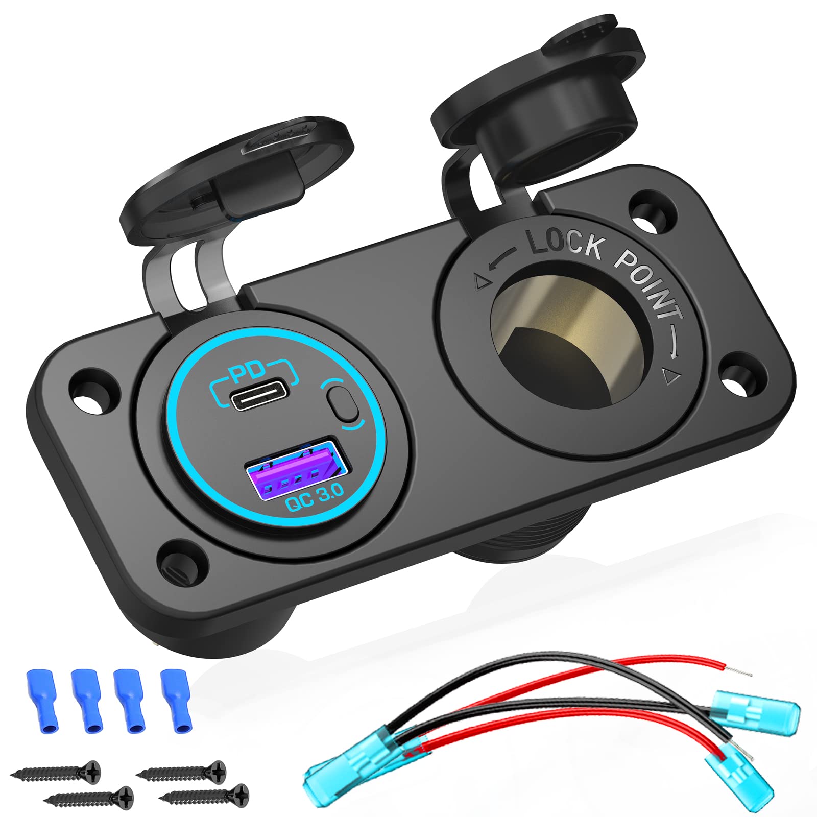 Photo 1 of [Upgraded Version] 12V Cigarette Lighter Socket, Quick Charge 3.0 & PD 3.0 USB Charger Power Outlet with Button Switch, Waterproof 12 Volt Adapter for Car Motorcycle Boat Marine RV Golf Cart etc.