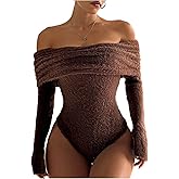 OYOANGLE Women's Fuzzy Off the Shoulder Bodysuit Long Sleeve Winter Body Suit Going Out Tops