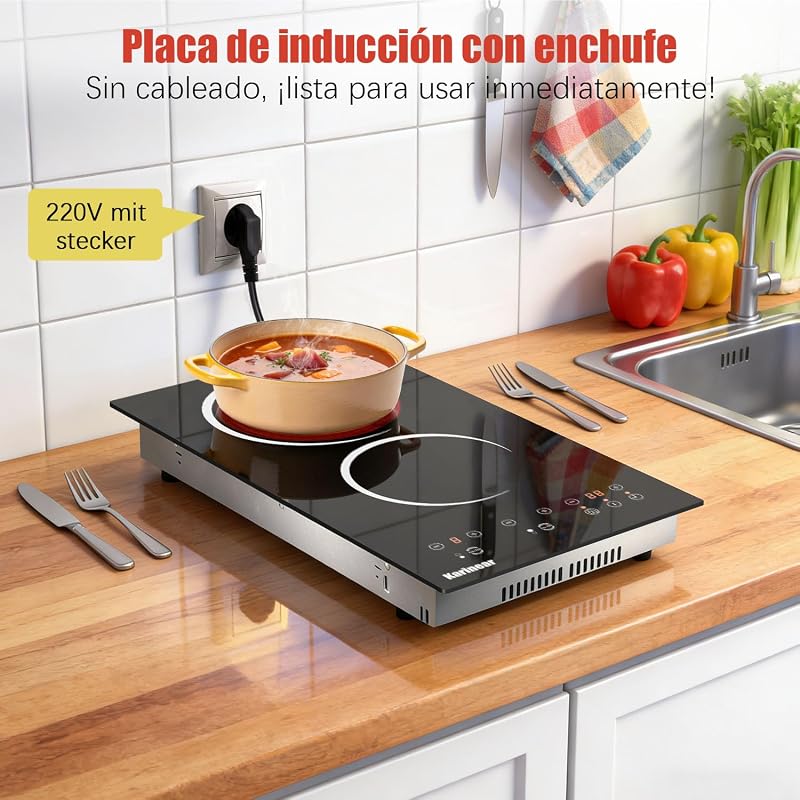 Placa Vitrocerámica Portatil 2 Fuegos con Enchufe, 3000 W