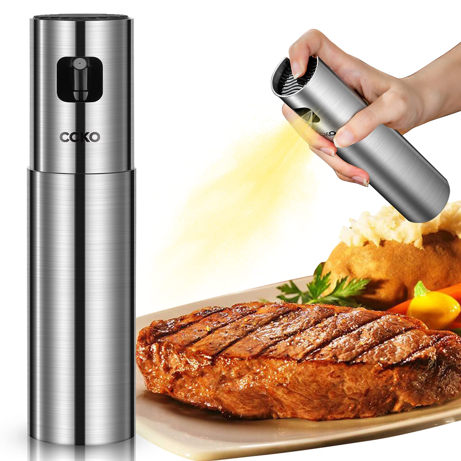 CCKO Oil Sprayer for Cooking Air Fryer Stainless Steel Olive Oil Sprayer Mister 100ML Portable Olive Oil Spray Bottle for BBQ,Salad, Kitchen Baking,Frying,Roasting,Grilling