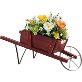 S AFSTAR Wood Wheelbarrow Planter, Flower Plant Pot Wheelbarrow Cart w/Metal Wheel &amp; 9 Replaceable Magnet Accessories, Wooden Wagon Planter Wheelbarrow Decor for Outdoor Garden Backyard (Red)
