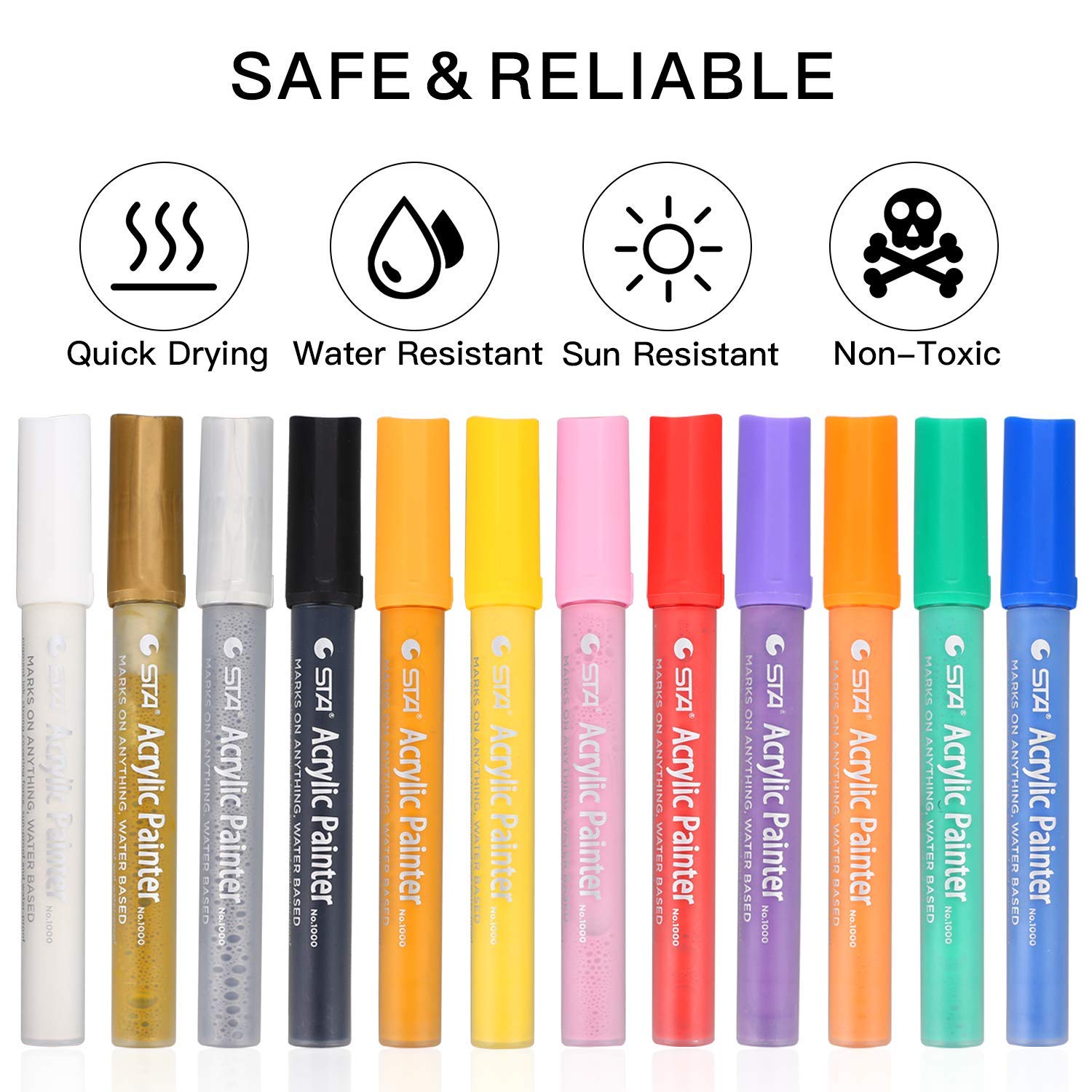 STA Acrylic Paint Marker Pens 12 Colors Medium Point Tip Art Markers
