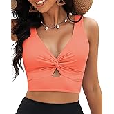 GRAPENT Bikini Tops for Women Cropped StrapCore Tankini Tops Beach Padded Knot Twist Cut Out Adjustable Swimwear Top Only
