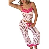 SOLY HUX Women's Heart Pajamas 2 Piece Pjs Set Lace Trim Crop Camisole Top and Pants Sleepwear