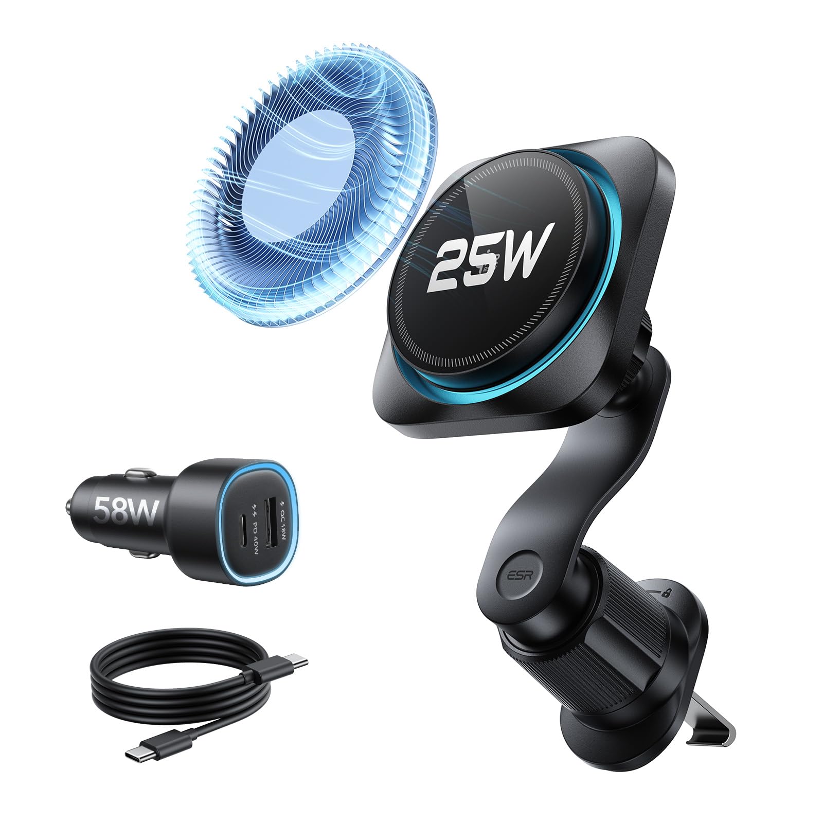 ESR OmniLock Qi2.2 25W MagSafe Car Mount Charger with CryoBoost, Phone Cooling MagSafe Car Charger, Upgraded Clip, Air Vent Magnetic Car Phone Holder for iPhone17/16/15/14/13/12, 360° Rotatable, Black