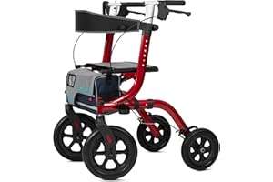 ELENKER All-Terrain Rollator Walker with Seat, Outdoor Rolling Walker, 12” Non-Pneumatic Tire Front Wheels, Compact Folding Design for Seniors, Red