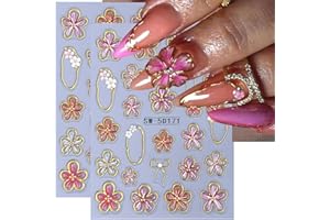 FBABFBUO Flower Nail Art Stickers Decals 5D Embossed Flower Nail Decals 2PCS Pink Five-Petaled Gold Floral Circle Spring Summer Nail Art Design Bow Tie Flowers Nail Adhesive Decals for DIY Nail Art Decorations