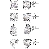 LOKLIFFAI 4 Pairs Silver Stud Earrings Set, Cubic Zirconia Stud Earrings for Women and Men with 925 Sterling Silver Post Earrings for Sensitive Ear