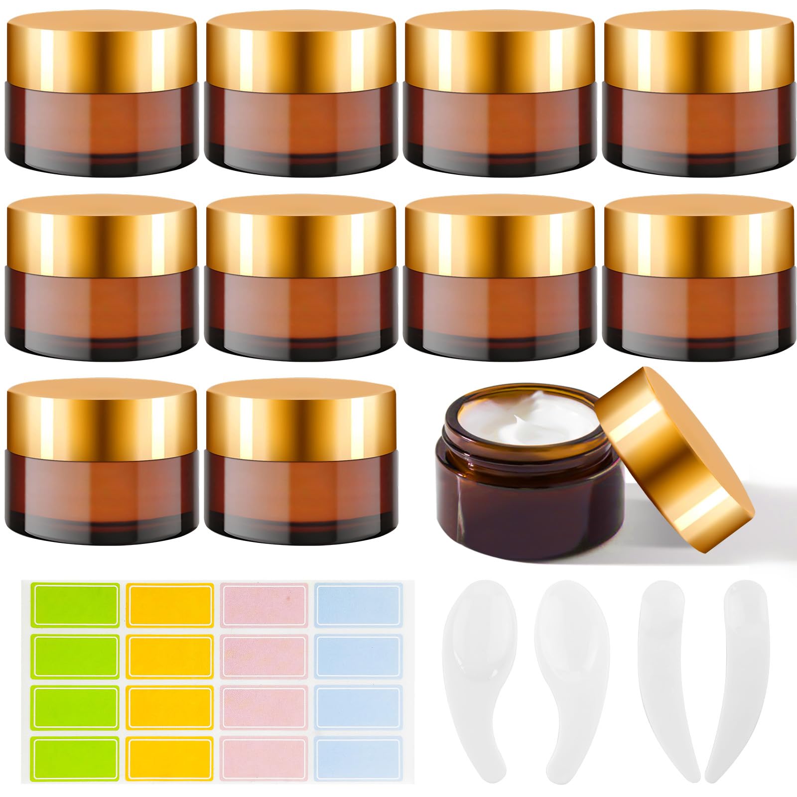 Hengxinc 10 Pcs 20ML Amber Glass Jars With Lids, Cosmetic Pots Glass, Brownglass Jars With 10 Makeup Spatula And 1 Sticky Labels, Cosmetic Container Reusable, Cream Jar For Cosmetic Creams Lotions