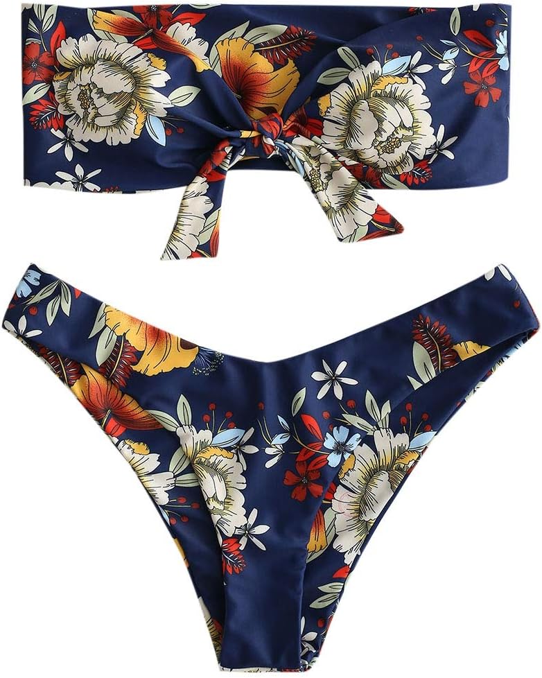 ZAFUL Women's Tie Knot Front Floral Print High Cut Two Piece Strapless Bandeau Bikini Set