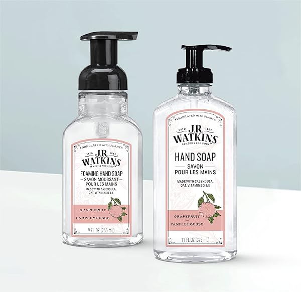J.R. WATKINS FOAMING HAND SOAP WITH PUMP DISPENSER, MOISTURIZING FOAM HAND WASH, ALCOHOL-FREE AND CRUELTY-FREE, PAMPLEMOUSSE/GRAPEFRUIT, 9 FL OZ, 3 PACK