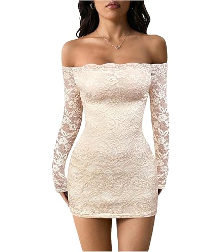 MakeMeChic Women's White Lace Dress Off The Shoulder Long Sleeve Mini Dress