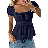 SOLY HUX Women's Square Neck Short Sleeve Peplum Tops Tie Front Summer Teen Girls Babydoll Top T Shirt