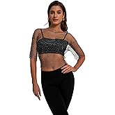 Women Sexy Sheer Mesh Rhinestone Crop Top - Mesh Body Chains See Through Cover up Sparkly Glitter Shirt Party Club Wear