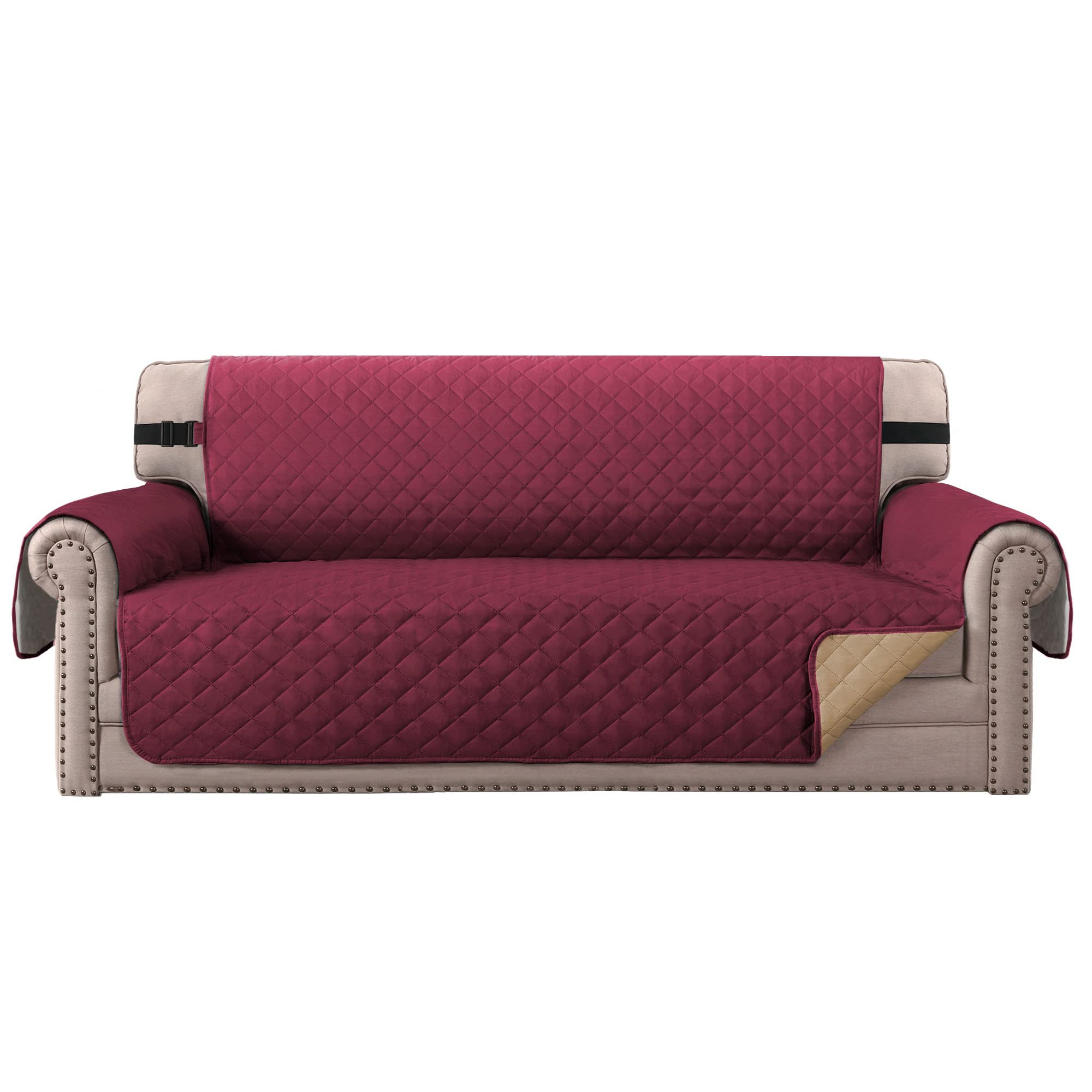 BellaHills Sofa Covers 4 Seater Water Resistant Sofa Slipcovers Furniture Protectors for Pets/Kids Soft Thick Quilted Sofa Protectors from Cats Secure with Non Slip Strap(Oversized Sofa, Burgundy/Tan)