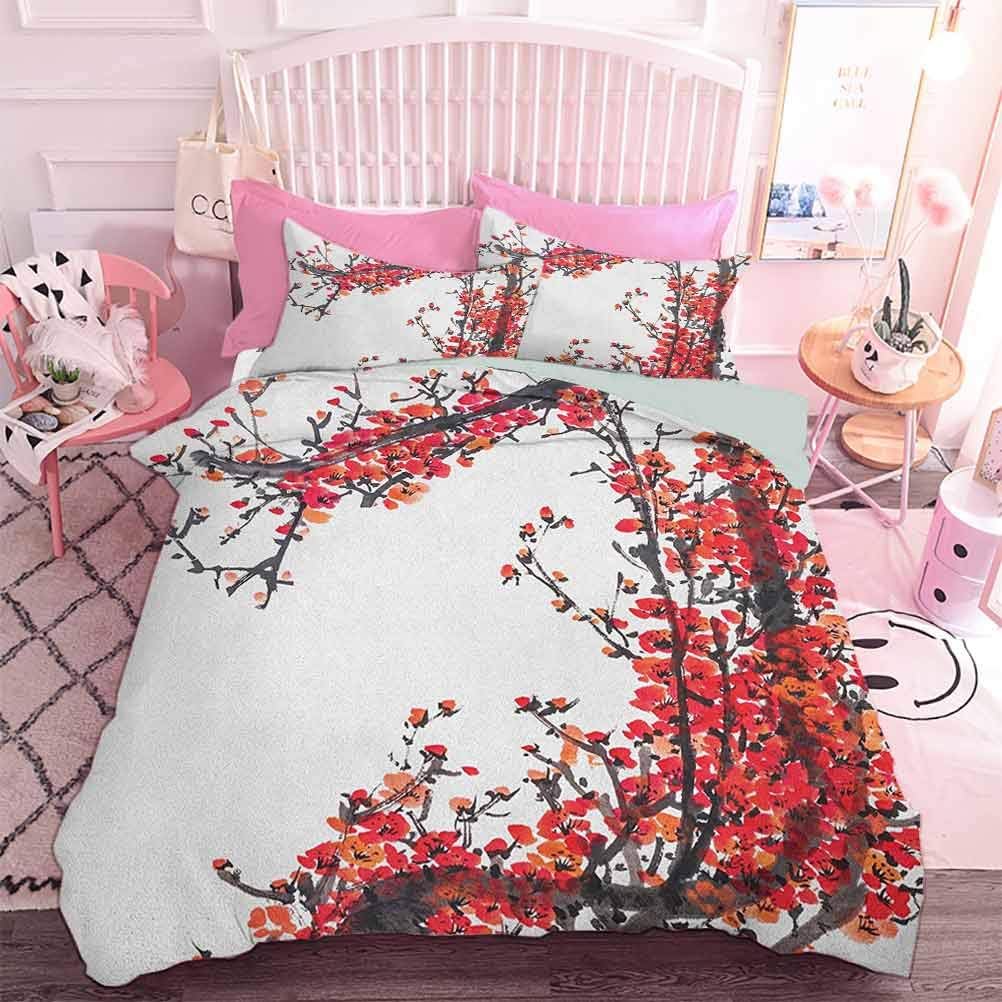 Hiiiman Lightweight Comforter Set 3pcs Japanese Cherry Blossom Sakura Branch with Brushstrokes