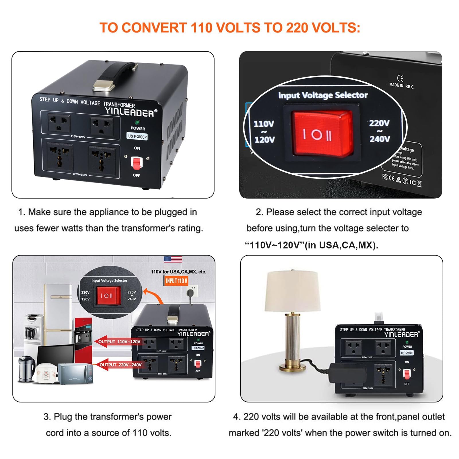 Yinleader 3000 Watt Voltage Converter Transformer Step Up 110V to 220V or Step Down 220V to 110V Power Converter Adapter for use in The United States for European and Asian Household appliances