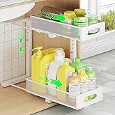 WROBTLD Under Sink Organizer 2 Tier, Pull Out Cabinet Storage with 5-Level Adjustable Height, Thickened Carbon Steel Sliding Under Cabinet Shelf for Kitchen, Bathroom, Laundry Room, White