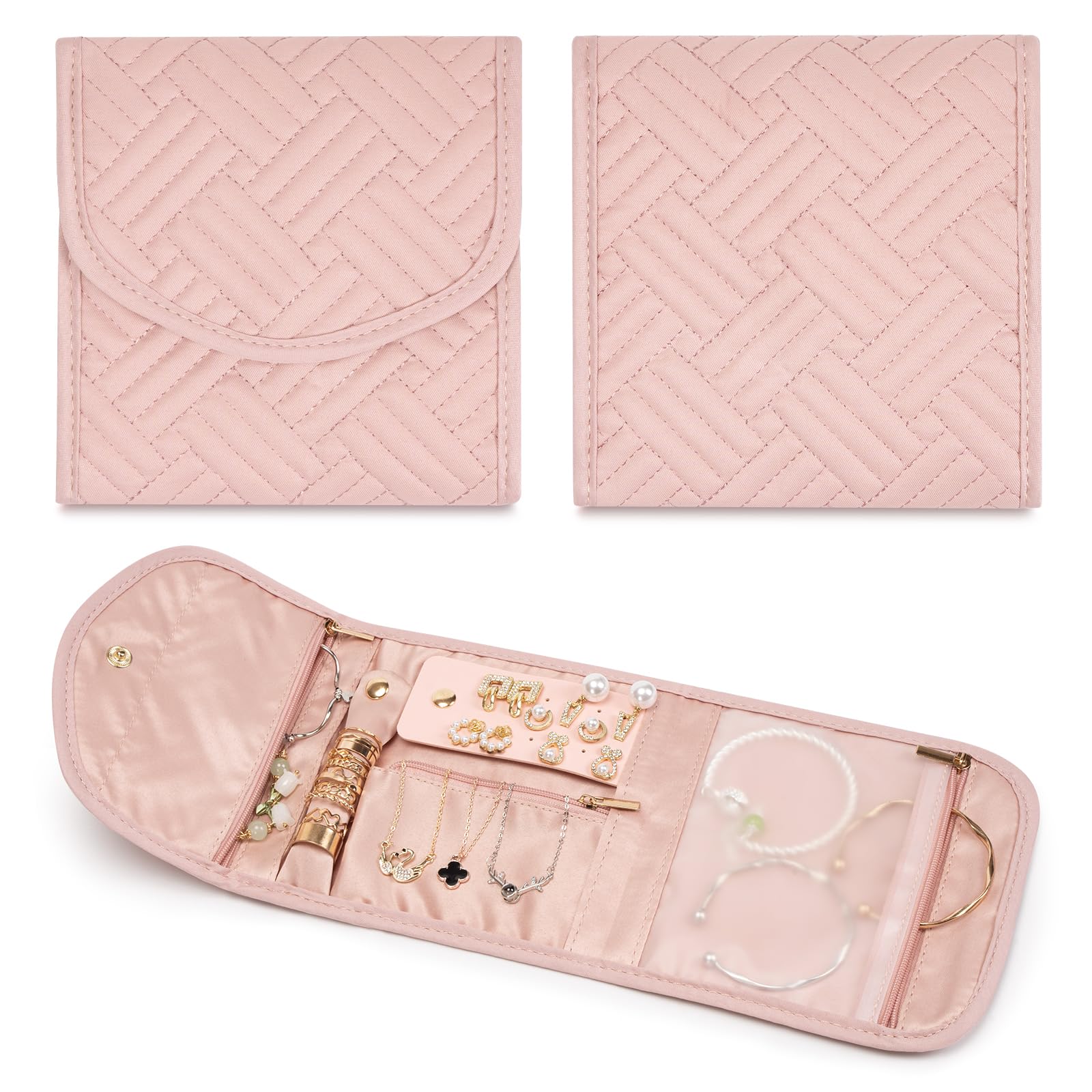 Photo 1 of Amrules Travel Jewelry Roll Organizer Bag Foldable and Anti-Lost Jewelry Holder Storage for Rings, Necklaces, Bracelets, Earrings and Accessories, Small Pink