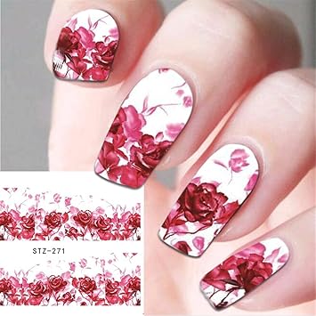 Amazon 1シート ネイルアートウォーターシール 赤い水墨の花パターン