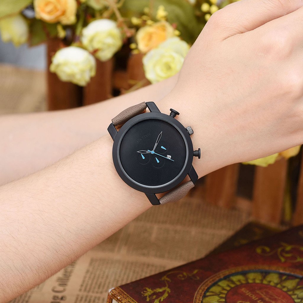 Top Plaza Mens Brown Genuine Leather Band Analog Quartz Casual Wrist Watch With Calendar Waterproof