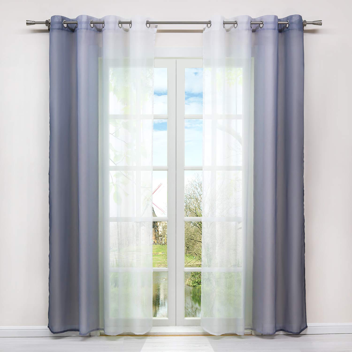 HongYa Set of 2 White and Grey Gradient Voile Curtains with Eyelets 225/140 cm Polyester Transparent Easy Installation Large Window Decor for Bedroom Balcony Kitchen