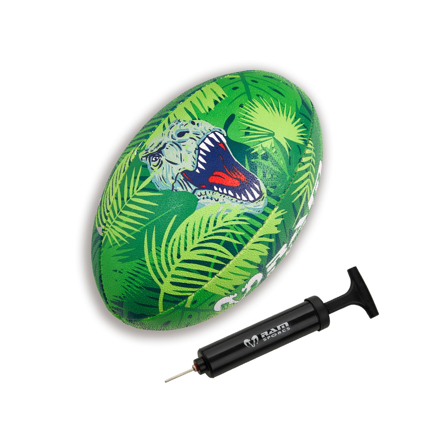 Ram Rugby Ramosaurus Rex Squad Trainer Rugby Ball & Mini Pump - Available in Size 5, 4, 3, & 1 (Mini) - For Kids & Adults - 7 Crazy Fun Designs - Club Quality Training Ball – Great