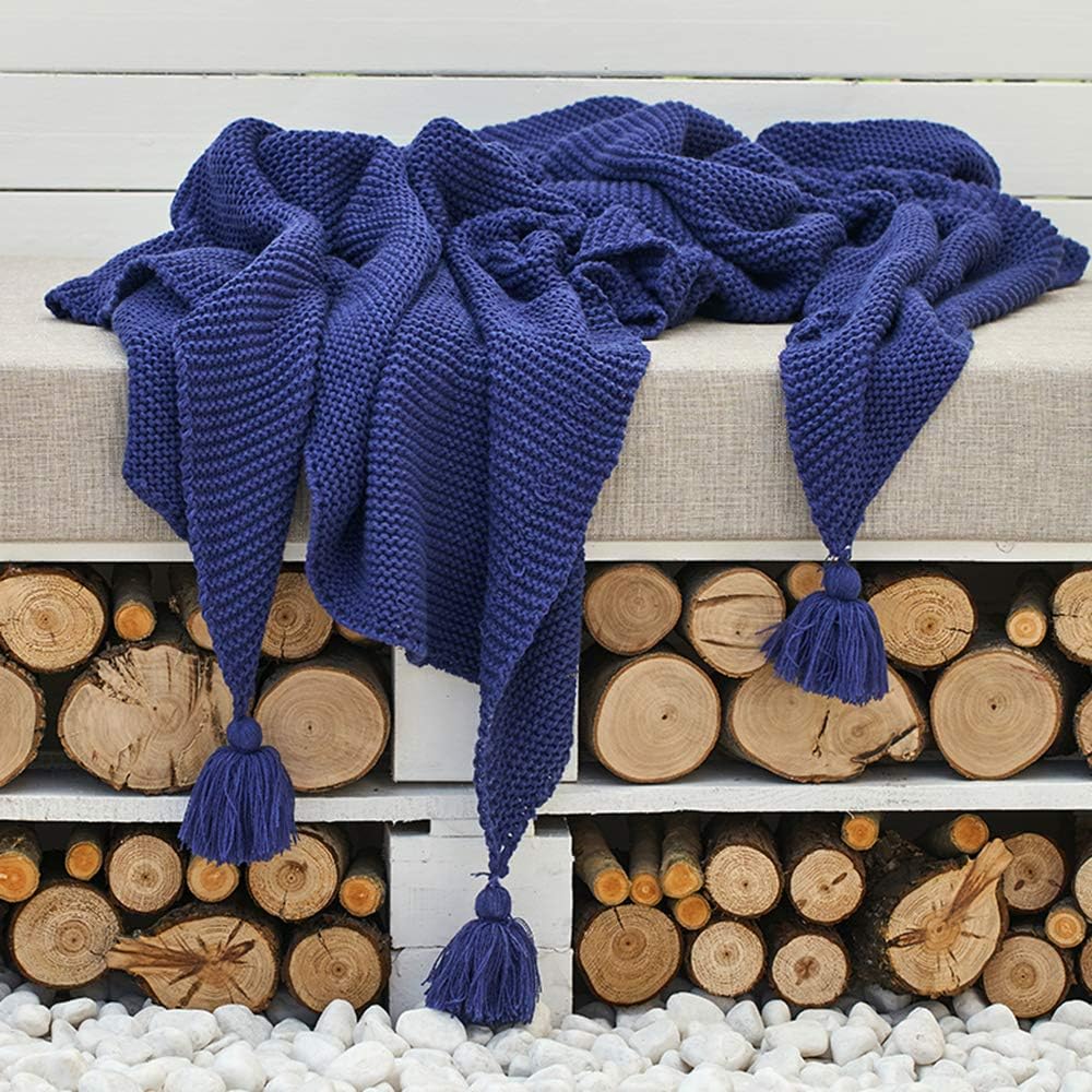 KIRIGIRISU Acrylic Concise Knitted Long Fringe Pompom Winter Bed Sofa Throw Blankets 51" x63"(130cm160cm)(Navy)