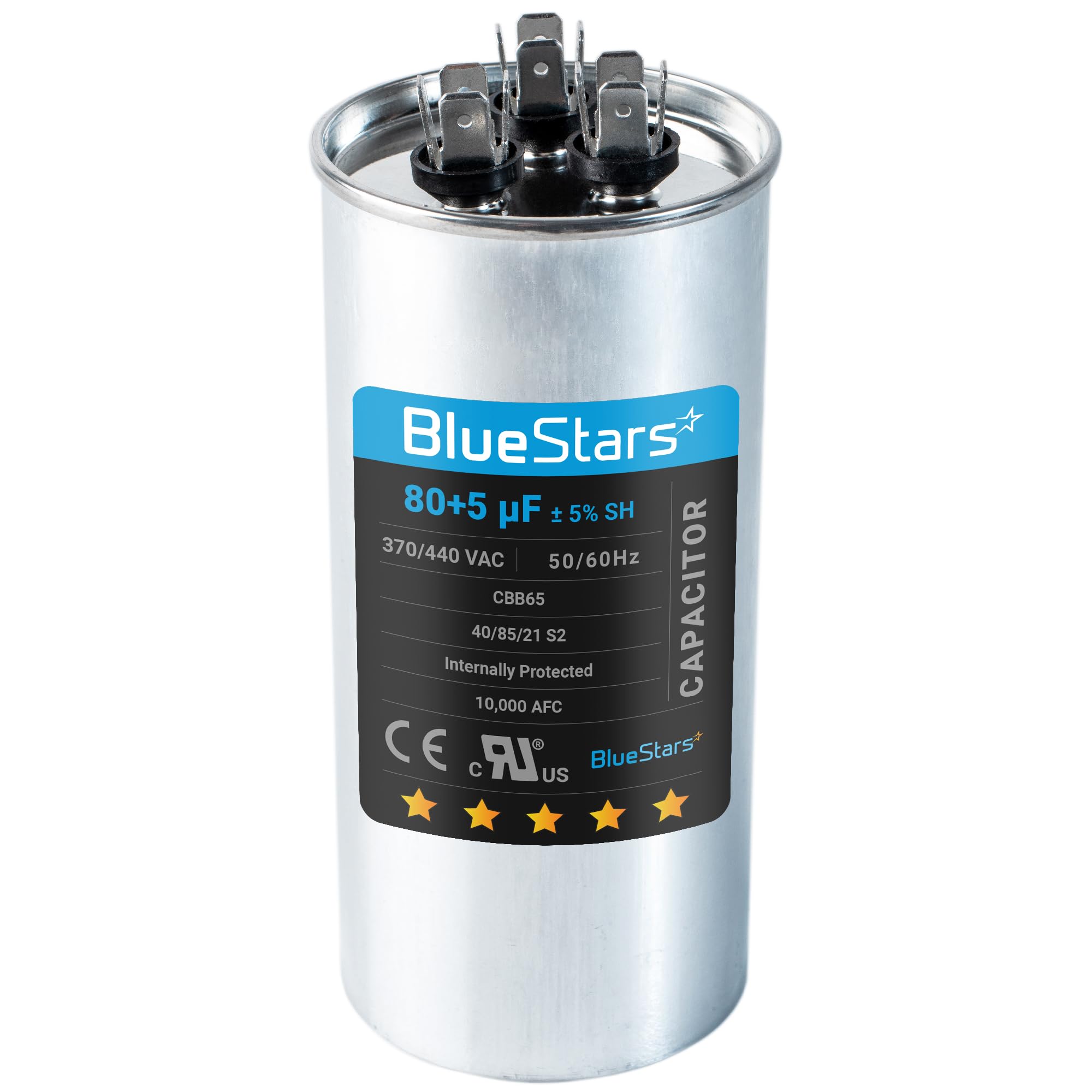 Photo 1 of BlueStars Ultra Durable 80+5 uf ± 5% MFD 370 Or 440V Dual Run Round Capacitor TP-CAP-80/5/440R Condenser Straight Cool & Heat Pump Air Conditioner