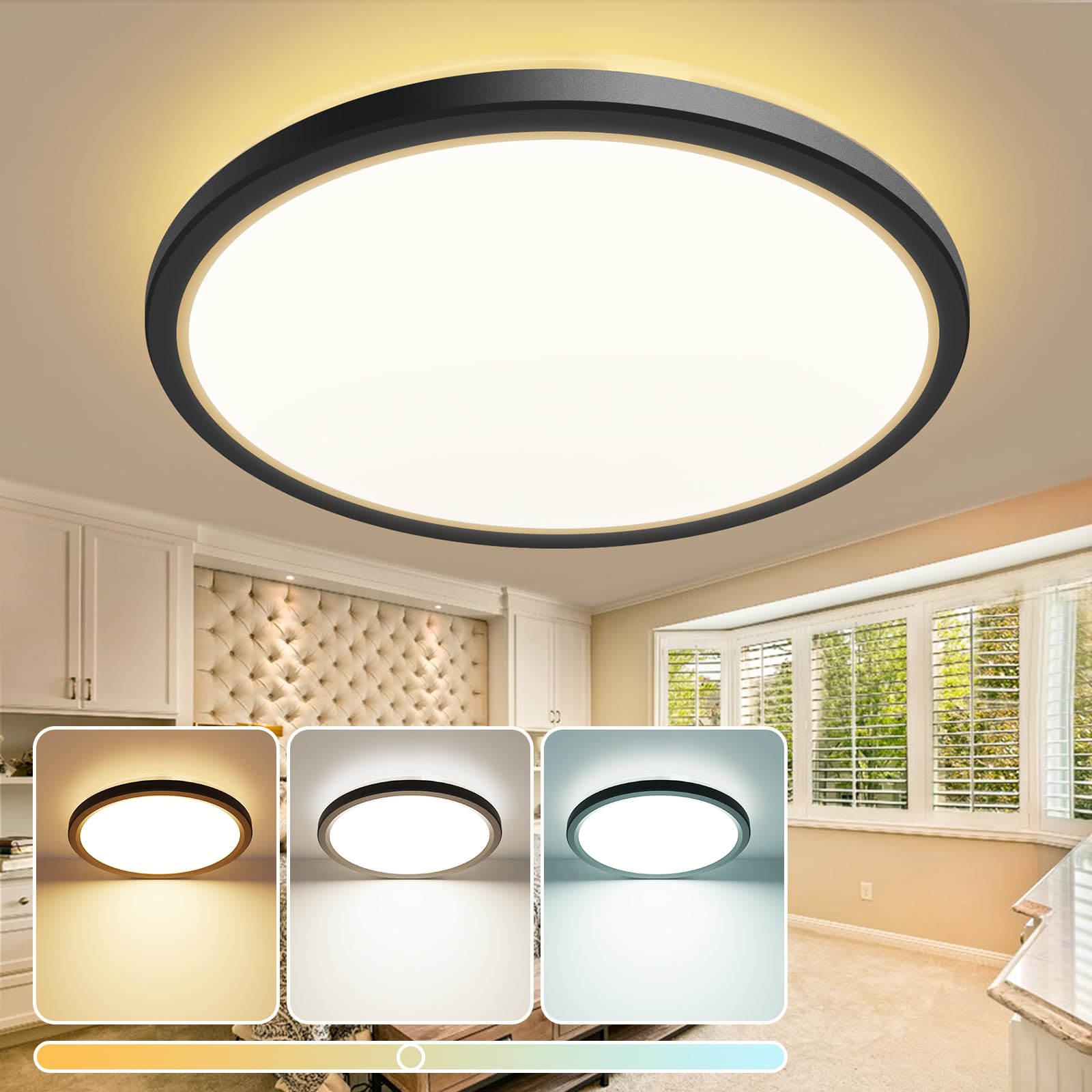 slochi LED Ceiling Lights, Ø29CM 24W 2400LM Round Bathroom Lights,3000K/4000K/6500K Flush Mount Ceiling Lamp for Kitchen,Living Room,Utility Room, Black