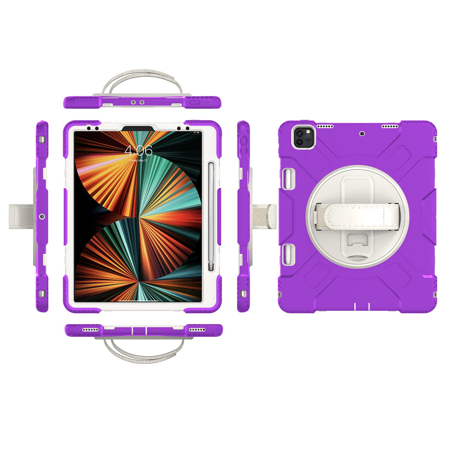 iPad mini4/5 Generation Case with Screen Protector Pencil Holder Kickstand Hand Strap 360 Rotating Hand Strap Stand Durable Protective Case (Purple)