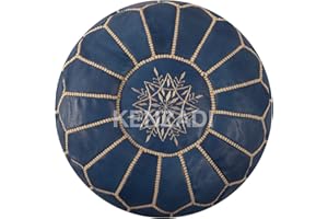 KENZADI Genuine Leather Pouf Stuffed Handmade Stitched in Marrakech by Moroccan Artisans (Blue by Beige)